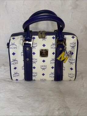 MCM White & Purple Visetos Boston Satchel with Silver Hardware